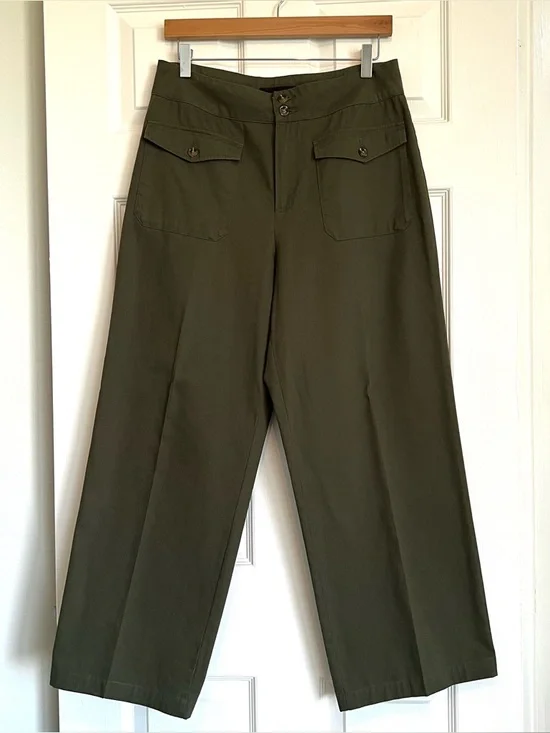 Who What Wear Olive Green Wide Leg Pants High Rise Cotton Trousers 27" Inseam - Picture 3 of 11